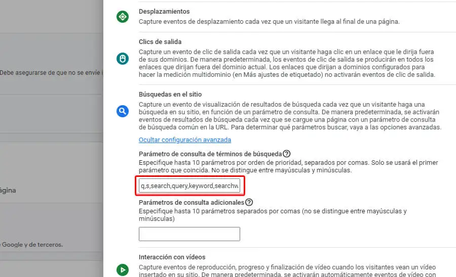 Búsqueda en el sitio Google Analytics