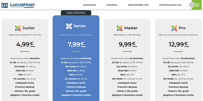 Precios Planes Hostings Específicos para Joomla de LucusHost Hostings Específicos Joomla Recomendados