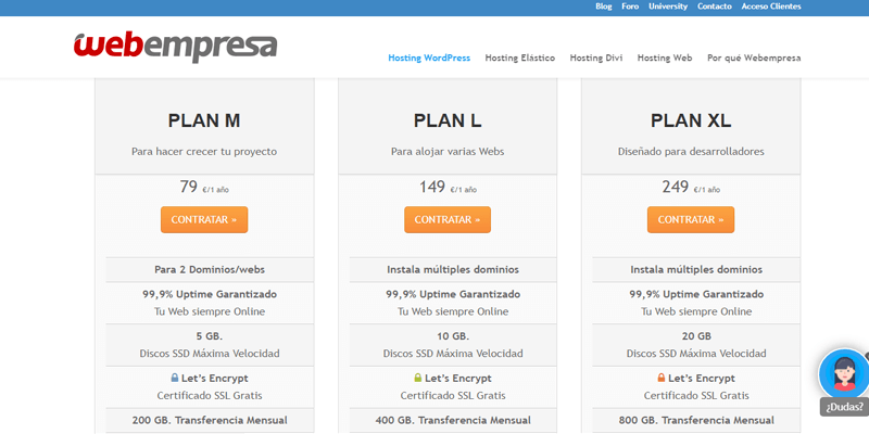 Precios Planes Hostings Específicos para Wordpress de Webempresa Hostings Específicos Wordpress Recomendados